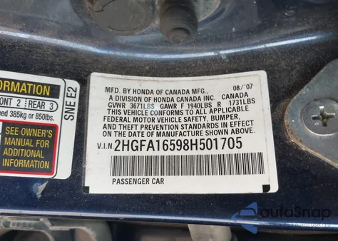 2008 Honda Civic Lx from USA, damaged, VIN 2HGFA16598H501705